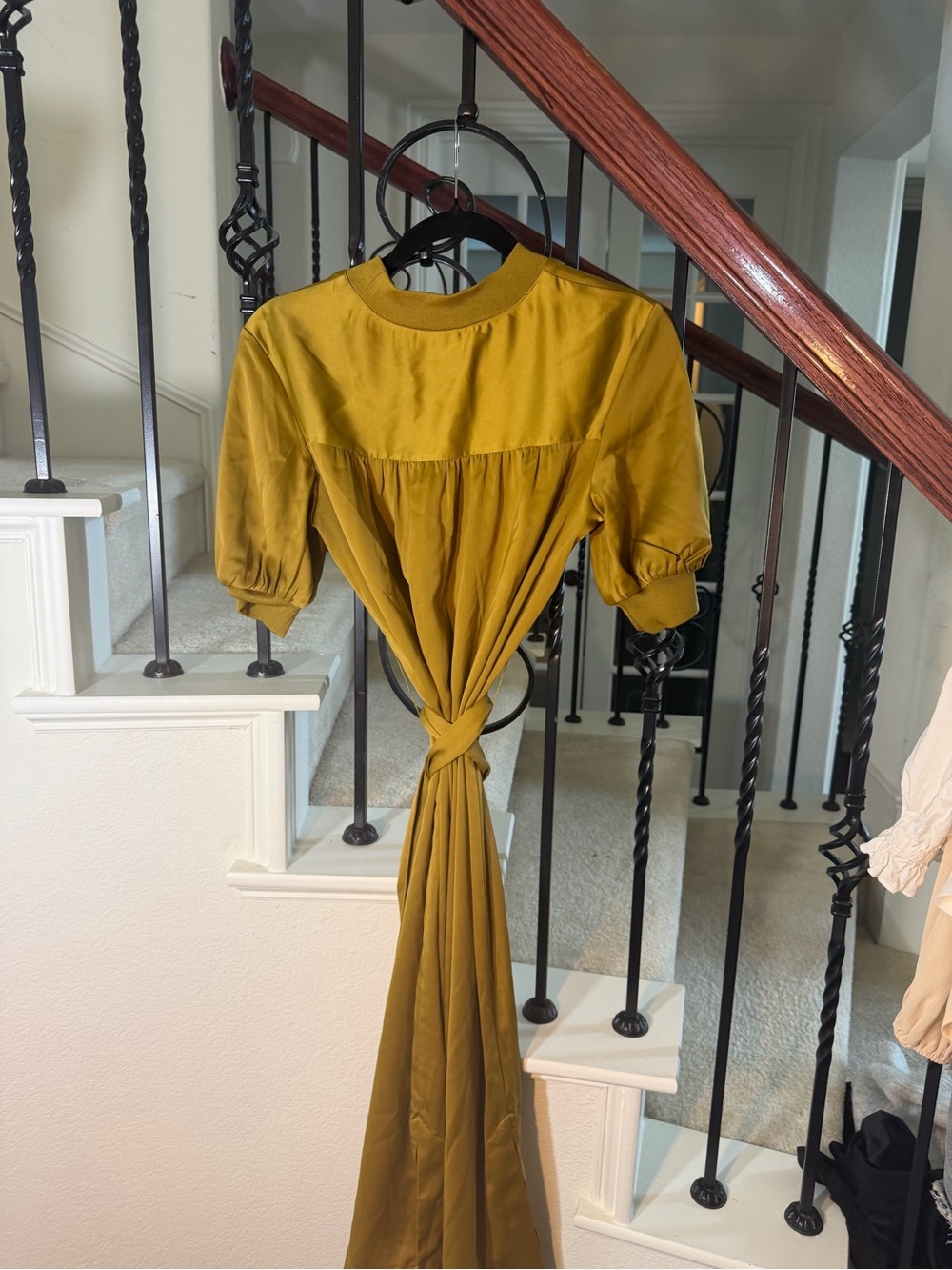 Who What Wear Olive Midi Dress with Puff Sleeves and Waist Tie - Picture 2 of 5